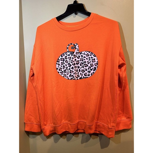 Women's Lightweight Orange Animal Print Pumpkin Sweatshirt Long Sleeve XL Fall - Picture 1 of 8